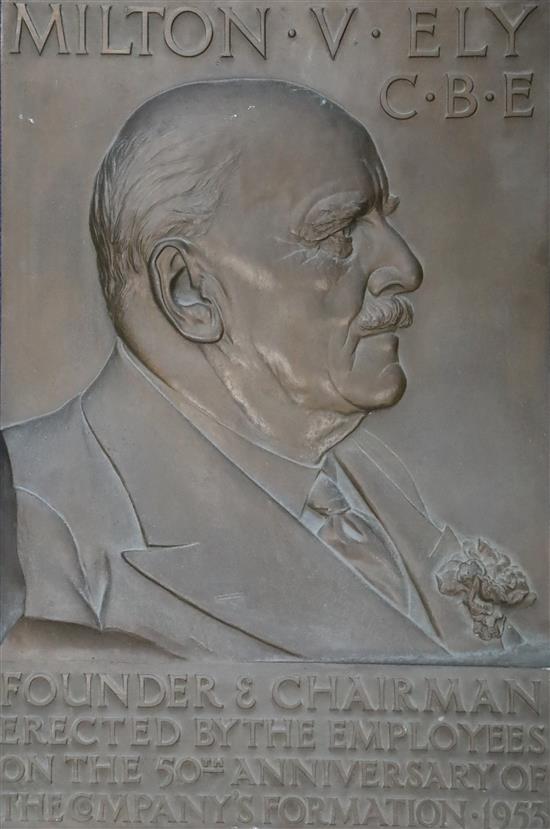 A bronze relief portrait plaque of Milton V. Ely C.B.E, 20 x 13in.